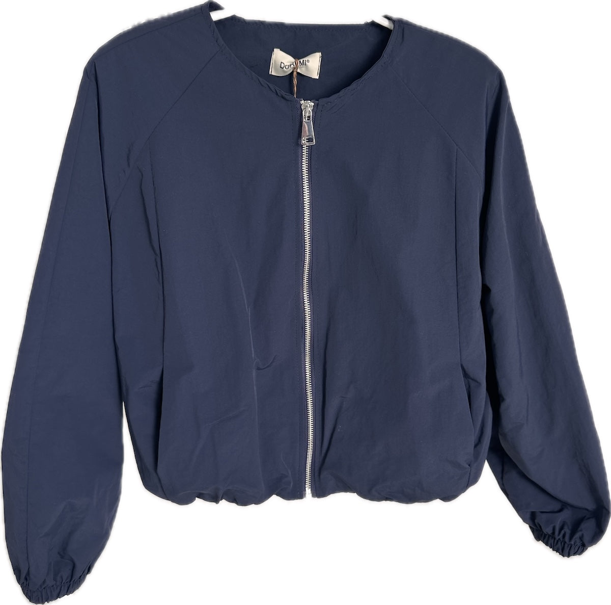 Lässige Damen Blouson-Jacke Doro in Dunkelblau mit silbernem Reißverschluss und Rundhalsausschnitt
