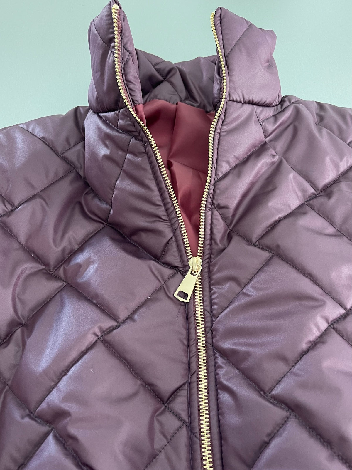 Nahaufnahme des goldfarbenen Reißverschlusses und des aufgestellten Stehkragens der Jacke Ruby.