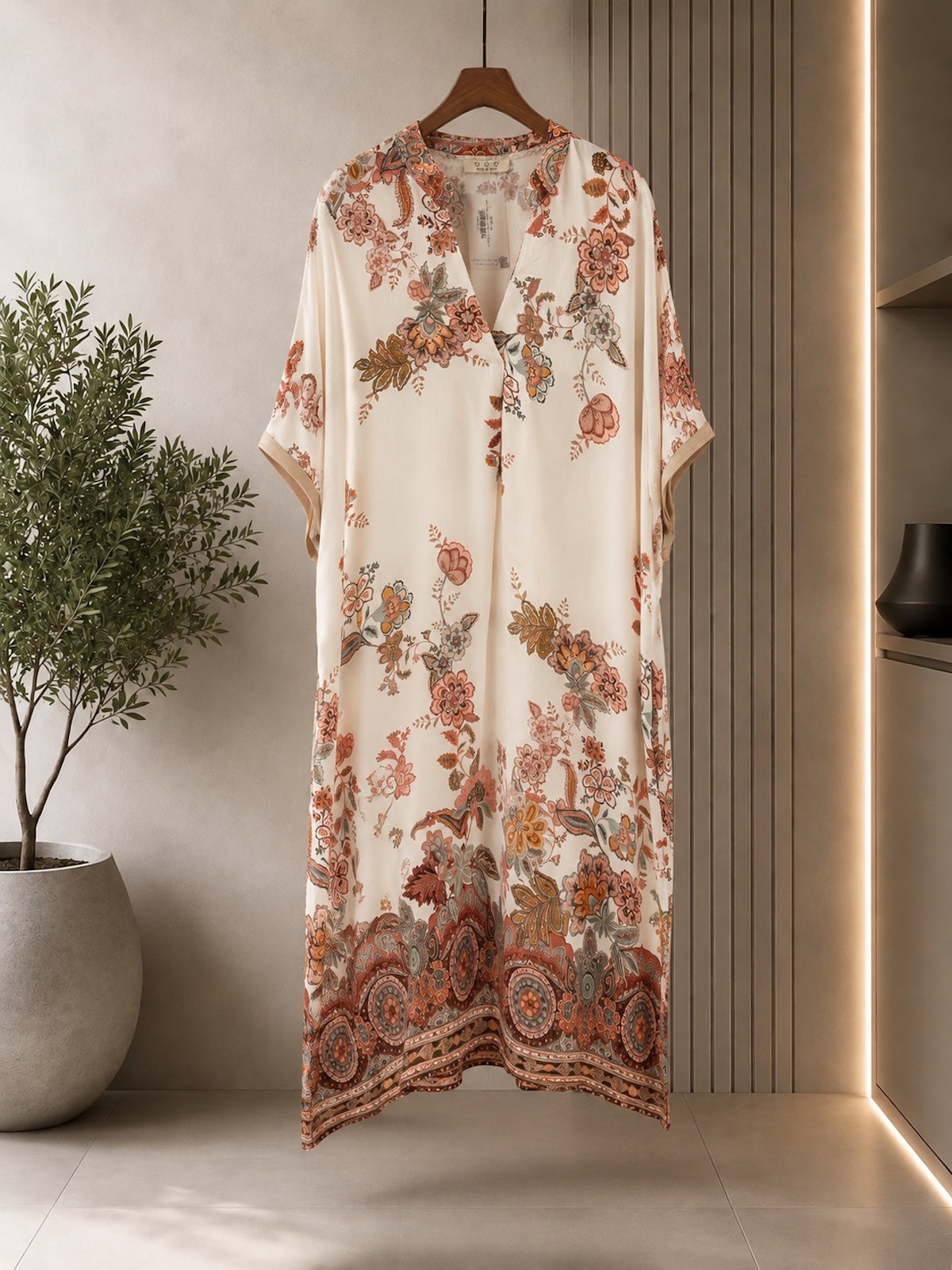 Produktaufnahme des drapierten Viskose-Seidenkleids Miranda in Creme-Floral auf einem Holzbügel zur optimalen Darstellung des Allover-Paisley-Musters und der fließenden Maxi-Silhouette.
